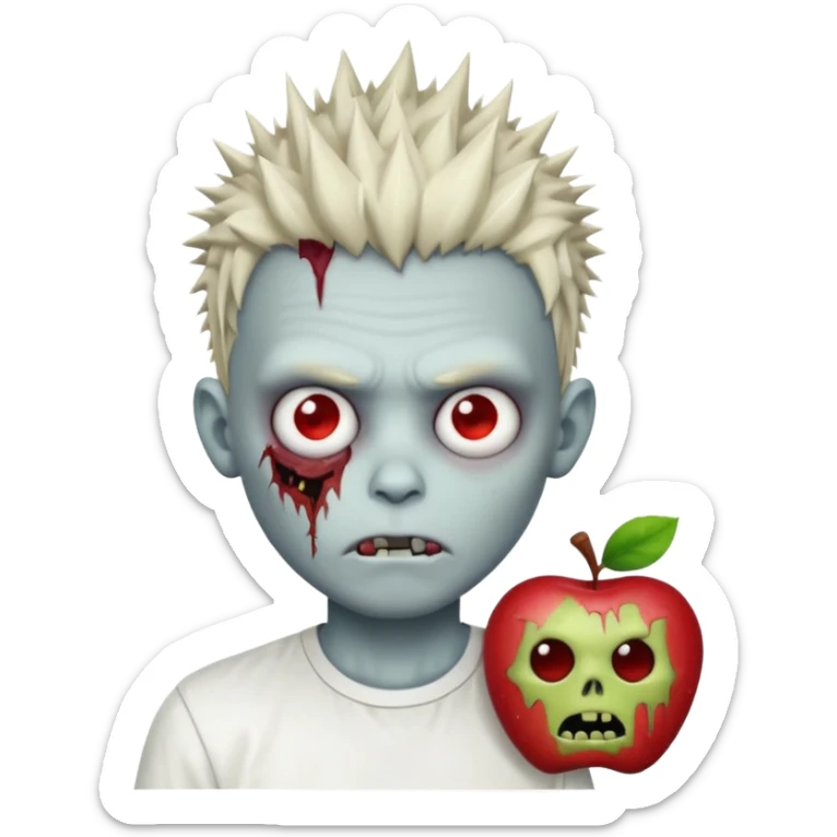 zombie boy with wild spiky hair, white shirt, stitched face, apple emoji style sticker
