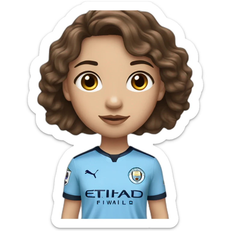 girl with short wavey brown hair and eyes wearing Manchester City football shirt sticker