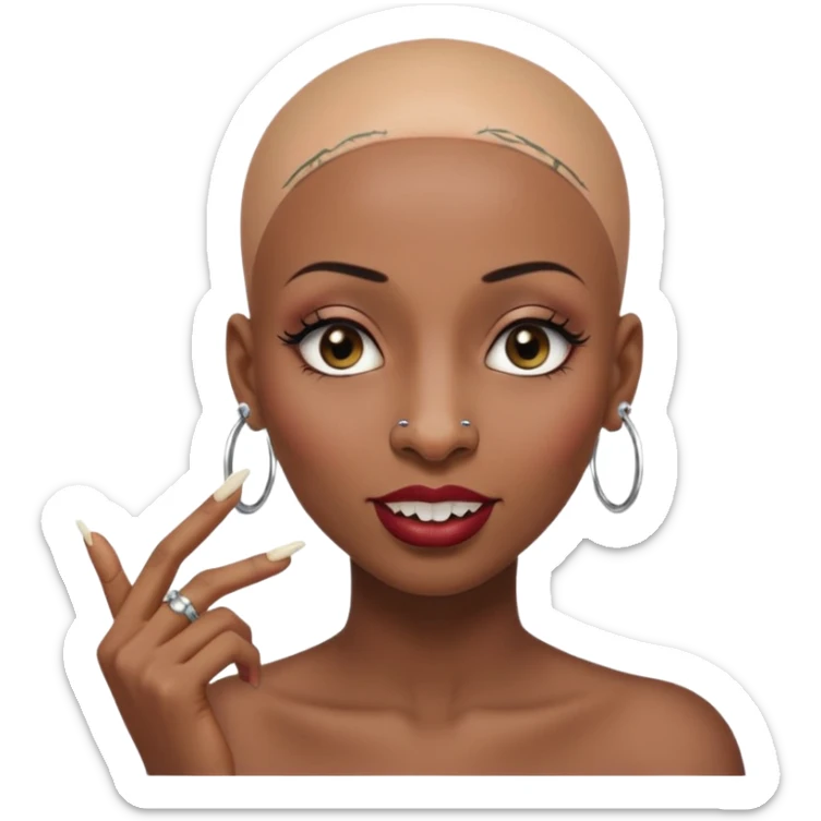 Grown black (proud) woman, bald with a perfect head, a prominent nose with a septum piercing, many piercings on her ears, a gap between her front teeth and very long nails (cynthia erivo) a proud lesbian, with long lashes and her finger tapping the top of her head sticker