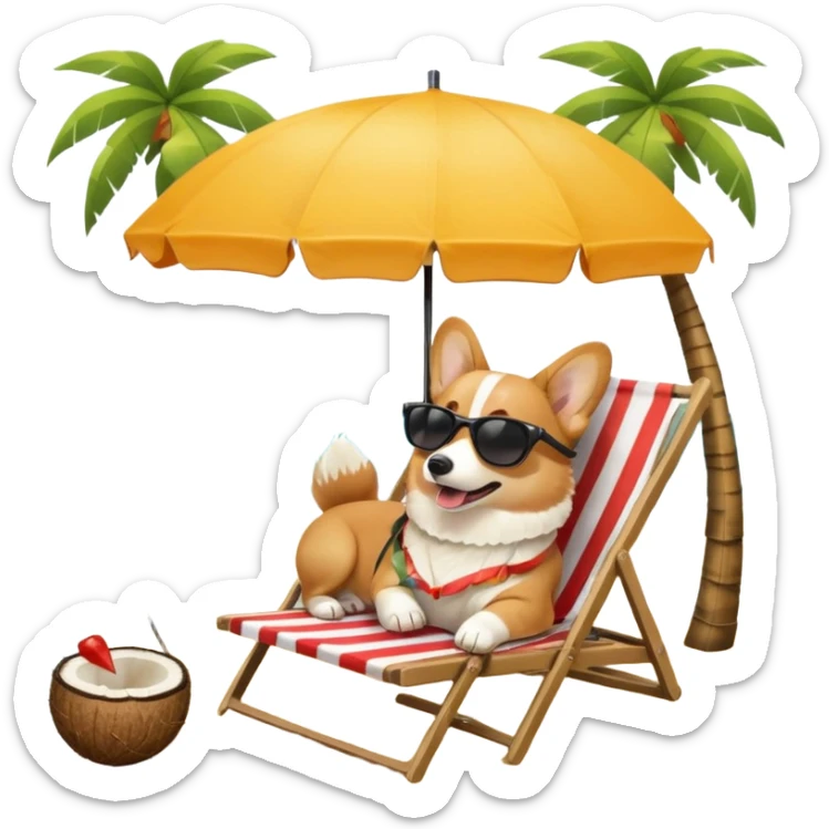 a corgi dog laied on a beach chair, a sunny beach, a sun umbrella, and beach coconut trees. the icon should capture the essence of a relaxing beach vacation with a carefree atmosphere sticker
