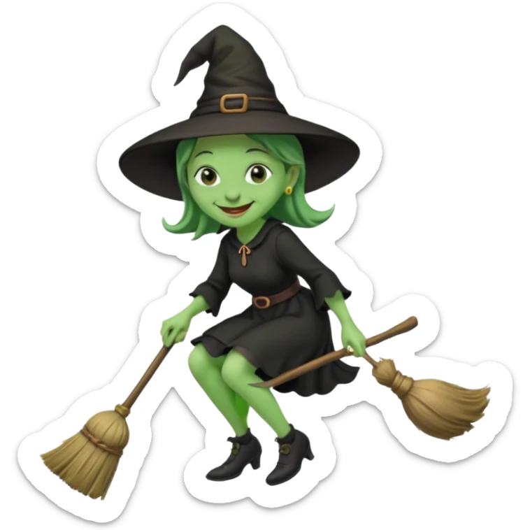 Traditional old witch, green skin, big nose, black dress, riding a broom emoji sticker