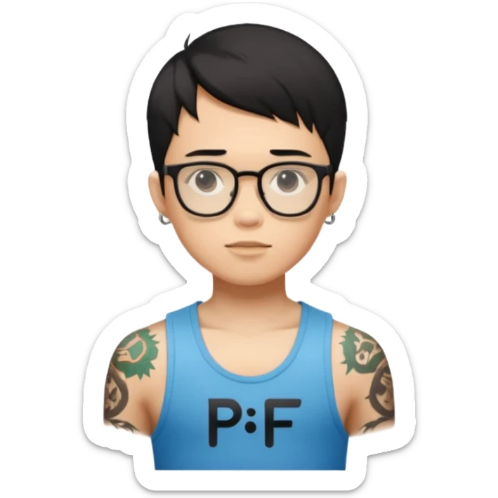 A young boy with A macbook laptop, black straight short hair, wearing glasses, wearing a tanktop, has tattoos, he is asian

Add the letters "P I F" floating around sticker