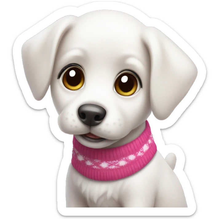 cute white puppy with huge eyes wearing a pink christmas sweater  sticker