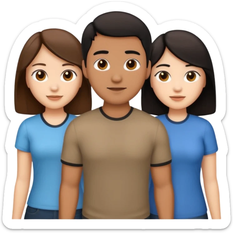 three people, one white girl with brown hair, one hispanic man with dark hair, and one tan asian woman with black hair, as a poly couple emoji sticker