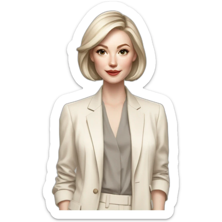 pale skin woman with ash blonde Straightened bob Hair, White Spacious classical jacket, beige palazzo Arrow pants and gray blouse holding a color palettes in the hands sticker