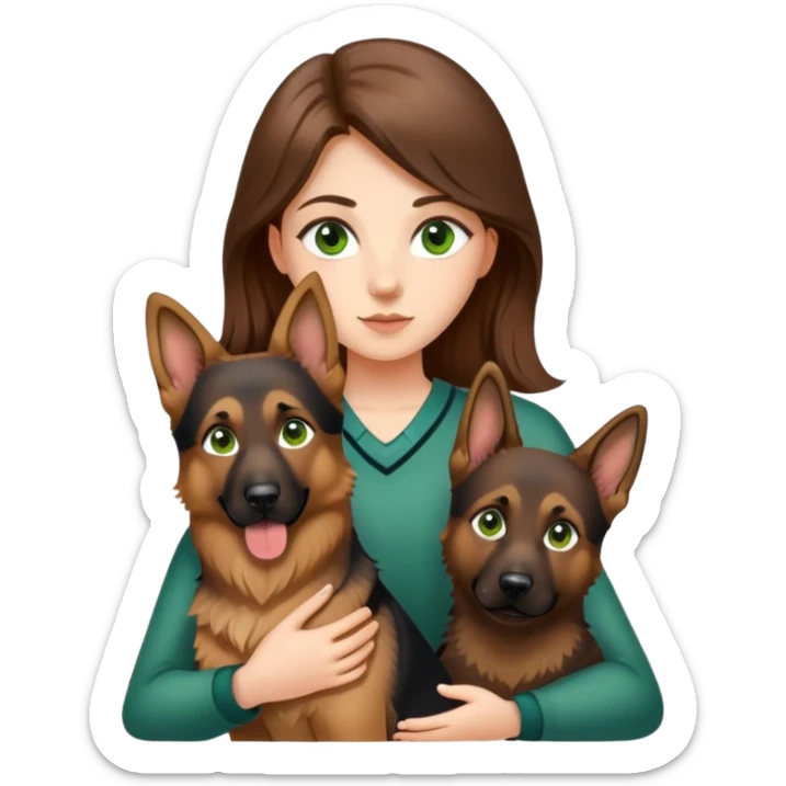 girl with long brown hair and green eyes holding a german shepherd  sticker