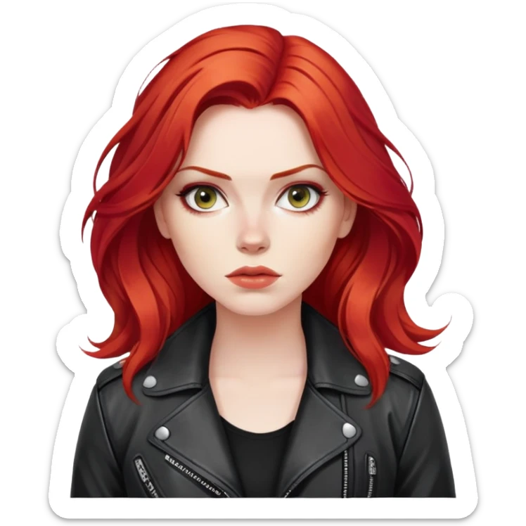 A close-up portrait of a woman with bright red hair styled in loose waves. She is wearing a black leather jacket, with a rebellious, confident expression and a dark urban backdrop sticker