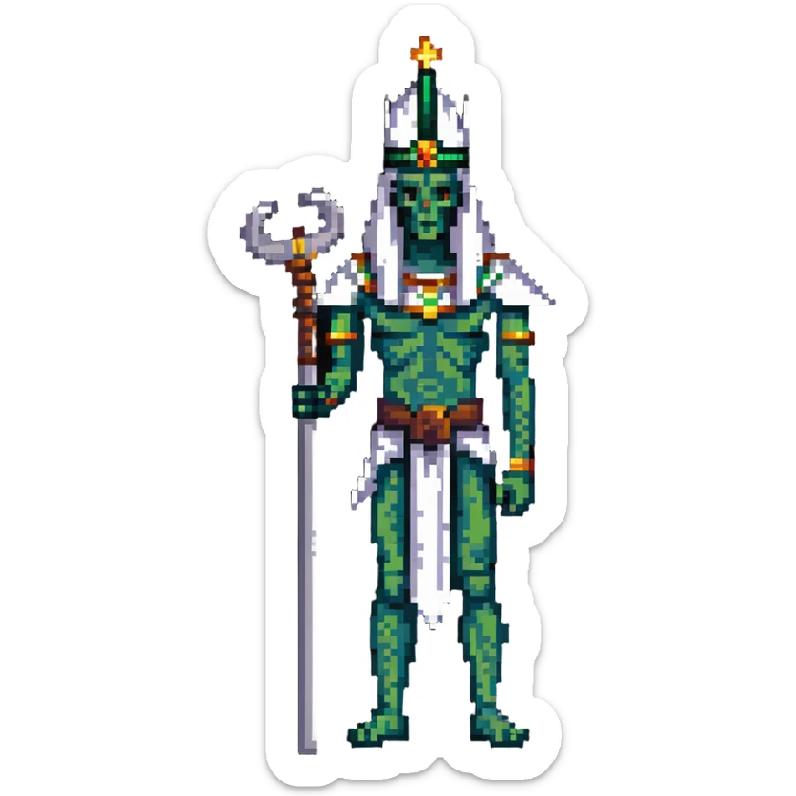 Egyptian god Osiris with green skin, mummified body, white Atef crown with feathers, holding crook and flail sticker