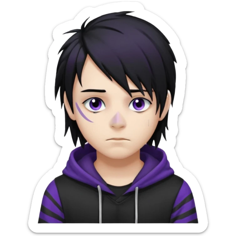 emo teen boy with long one-side messy black hair, dark hoodie with white and purple striped sleeves, piercings on his nose, dark eyeshadow sticker