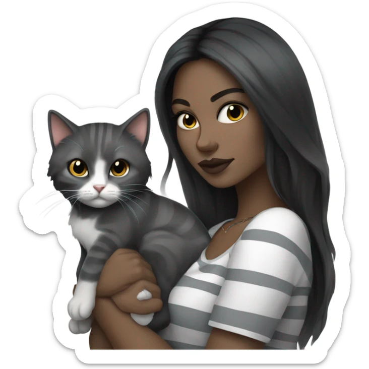 Beautiful dark haired tattooed woman holding gray and white stripe long haired cat sticker