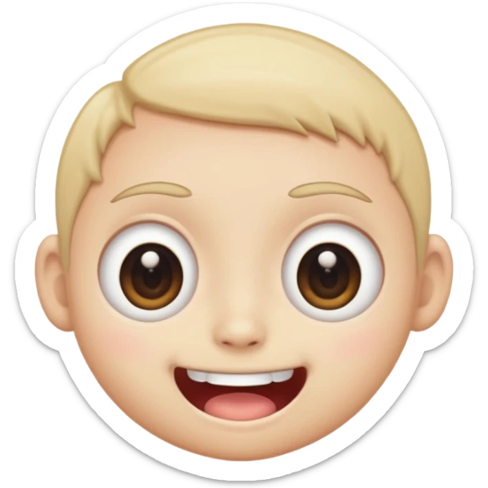 a creepy face with huge eyes and a big grin, kawaii, cute, soft, huge eyes, round mouth, mama sticker