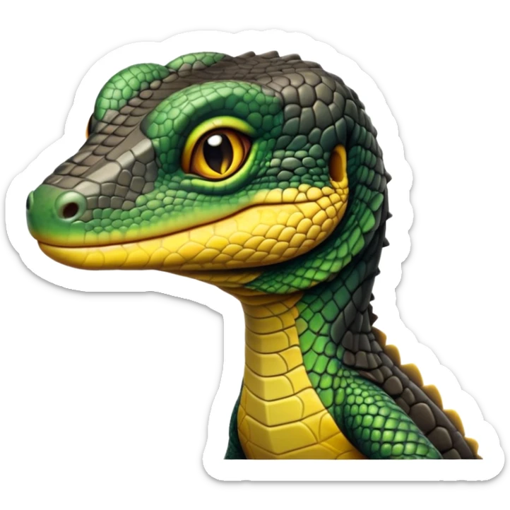 cinematic-realistic-cute-monitor-lizard-portrait-emoji,-head-tilted-playfully-and-inquisitively,-featuring-a-compact,-agile-body-with-finely-detailed,-glossy-scales-in-earthy-black and yellow-hues-and-a-distinct,-alert-face-with-bright,-curious-eyes, black , yellow spotted and green band  scales and a slender neck sticker