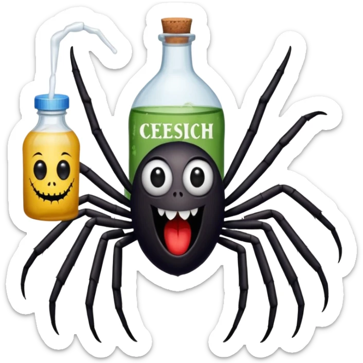 wesoły śmieszny pająk z butelka jadu i podpisem cześć sticker