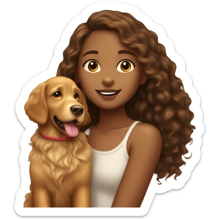 Tan skinned girl with  long brown curly hair with a golden retriever puppy sticker