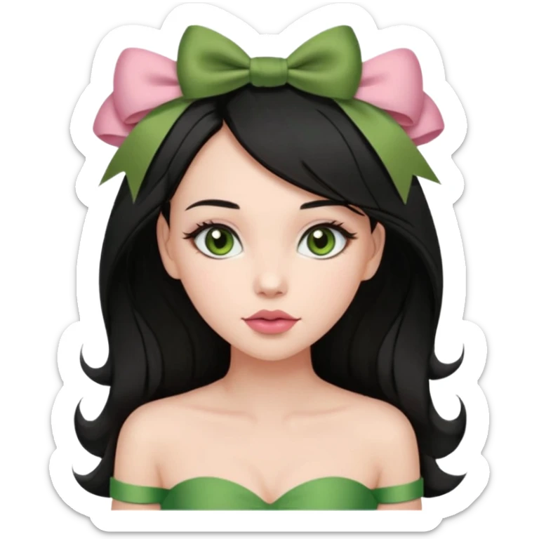 The woman has long black hair with green ribbon bows, light brown eyes, fair skin, and a heart-shaped face. She wears soft makeup, a muted rose lip, and a strapless olive green top. sticker