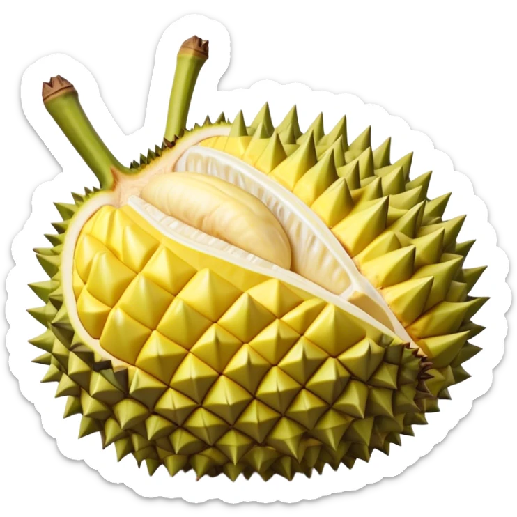 Cinematic Realistic Durian Fruit Dish Emoji, depicted as the notorious spiky fruit with a rich, custardy interior rendered with lifelike detail and bold, distinctive lighting. sticker