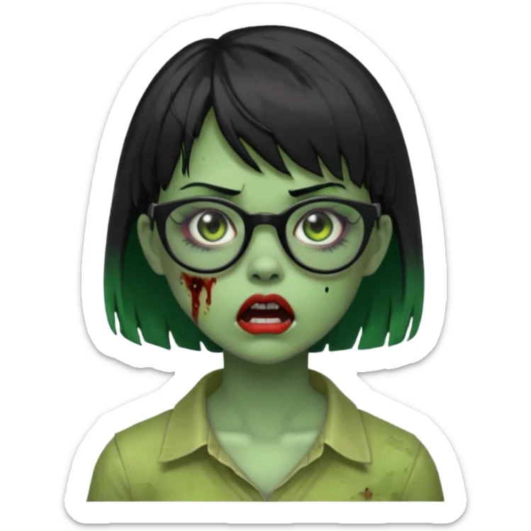 faça uma menina zumbi,da cor verde,com o cabelo curto preto até o pescoço,franja,óculos pretos,olhos escuros,boca meio aberta e alguns machucados pelo rosto sticker