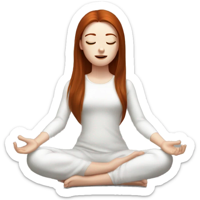pale skin dark long straight redhead chocolate brown eyes girl with freckles doing meditation sticker
