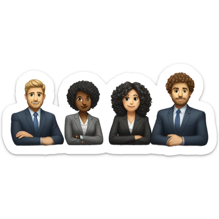 work meeting table 3 men and 4 women sitting on a table wearing suits the women have curly hair and one of the men is fat with a beard and of them is tanned with curly hair sticker