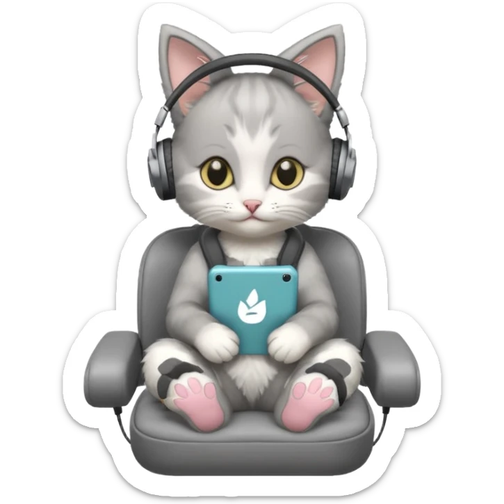 a small little grey kitten sitting on a seat and wearing headphones and there is a sims logo over her head sticker