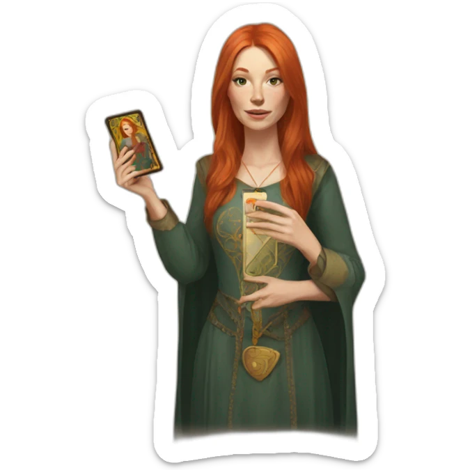 redhead white woman medium long straight hair, holding a tarot card in her hand sticker