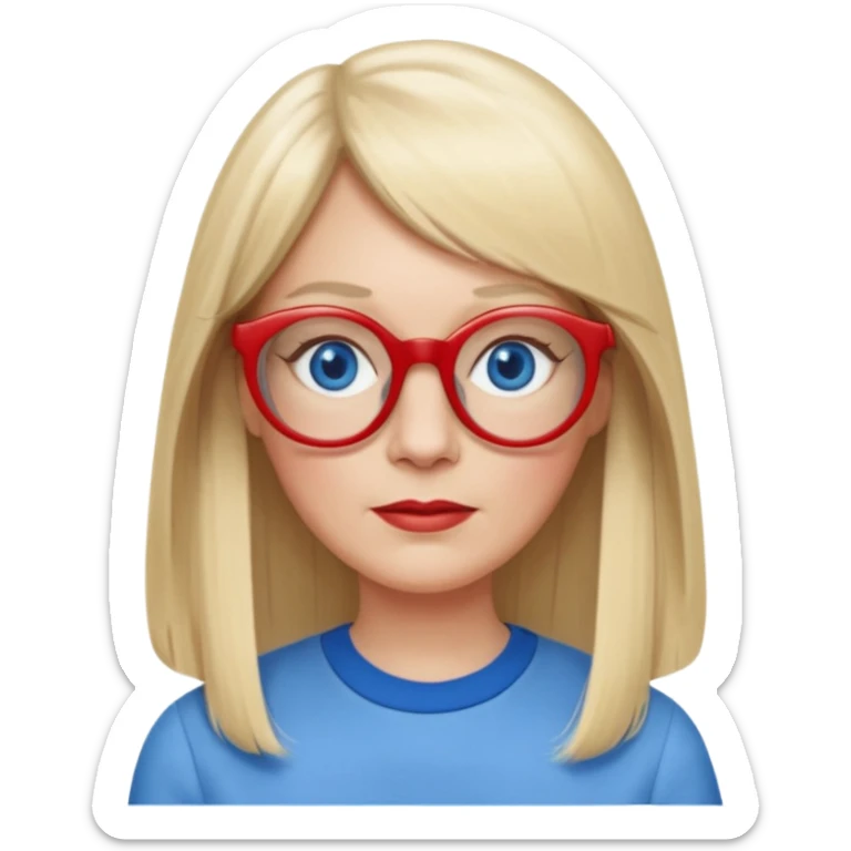50 yr old white woman, pale skin, long straight blond hair parted in center, blue eyes, bangs, clothes for school, big red glasses, oval face, long face sticker