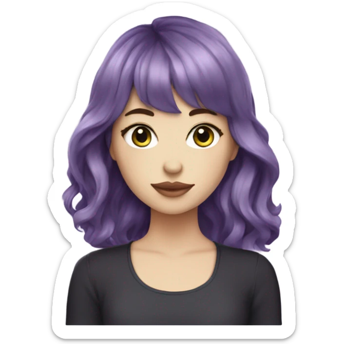  one white girl with eyeliner, mid length hair wavy, purple hair, bangs, holding iced matcha, dark shirt sticker