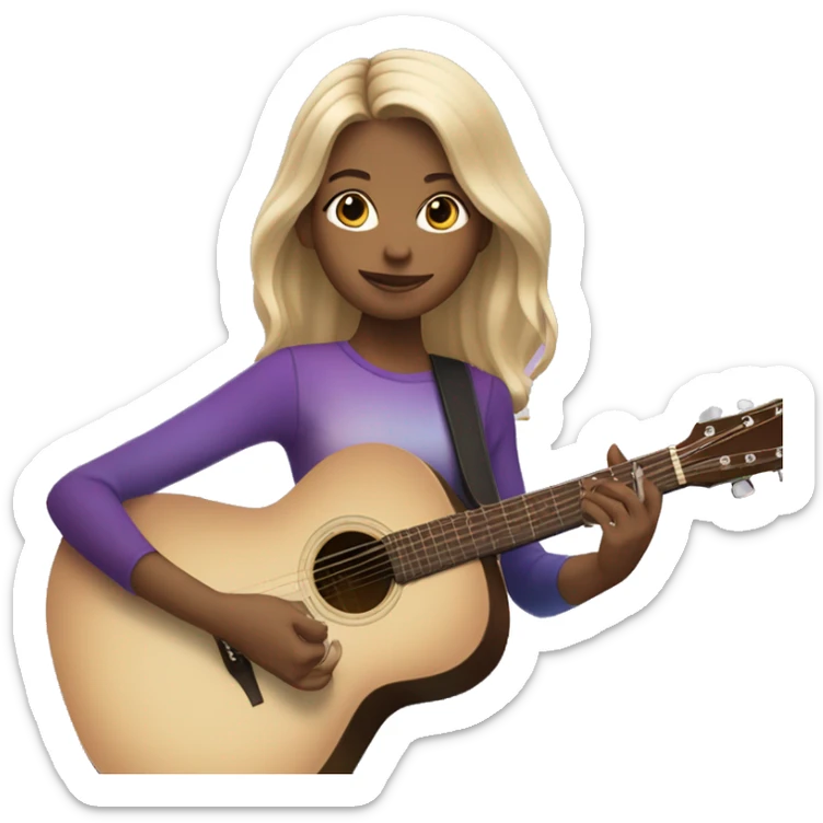 Blonde girl wearing a purple and blue ombre dress playing a beige acoustic guitar sticker