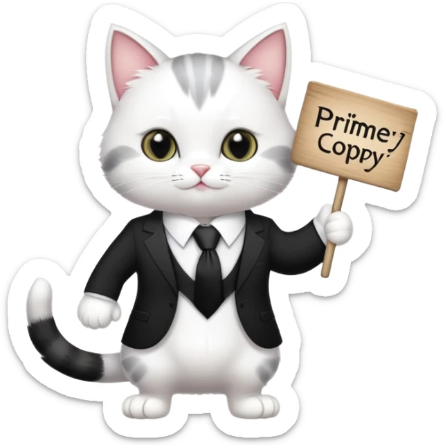 A cat in a black business suit holds a sign with the inscription "PrimeCopy" with one paw and shows a like with the other paw sticker