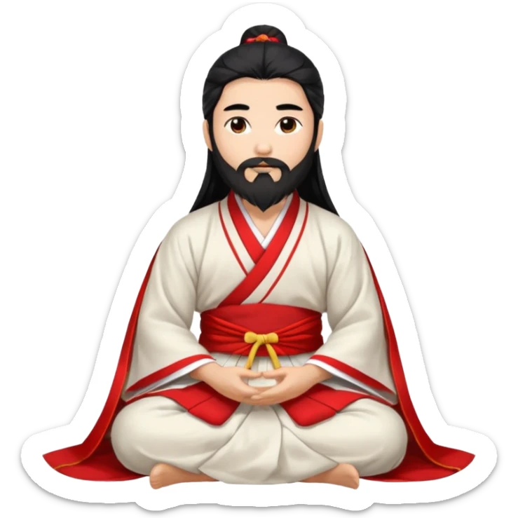 Beautiful man with lightly tan skin and dark long beard, long hair, in red and white Hanfu sitting on the ground sticker