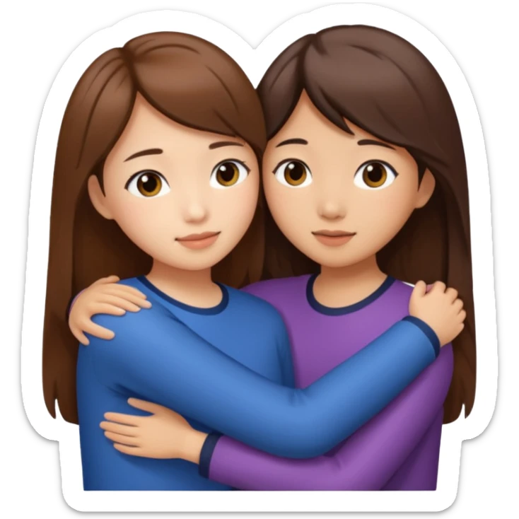 Two girls friends one brown short hair, second girl has long brown hair , both Asian hugging each other sticker