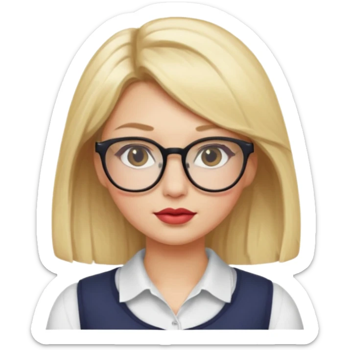 Make me a girl with blonde hair and glasses and plump lips but not that big and lashes and half her body like js her upper body shoulders neck and etc sticker