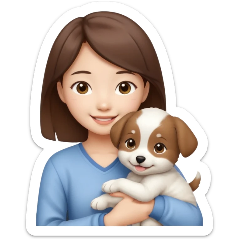 a asian japanese girl with brown hair and no bangs. she is holding a cute white puppy sticker
