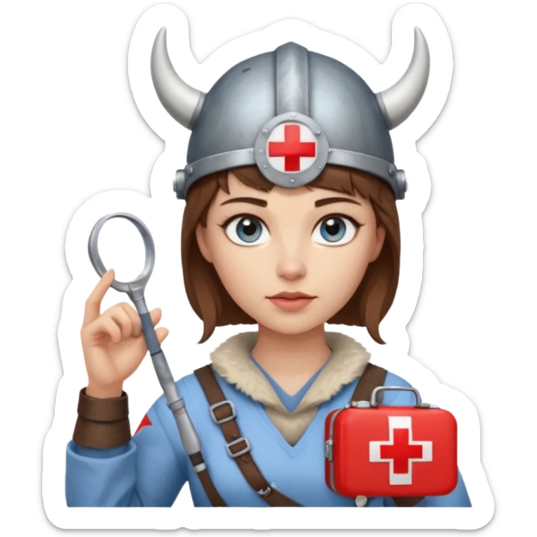 A young woman with beautiful blue eyes, short brown hair shaved on the sides, giving her a Viking look and a horned helmet. She holds a medical kit with a red cross icon in her hand. A stereoscope hangs around her neck. sticker