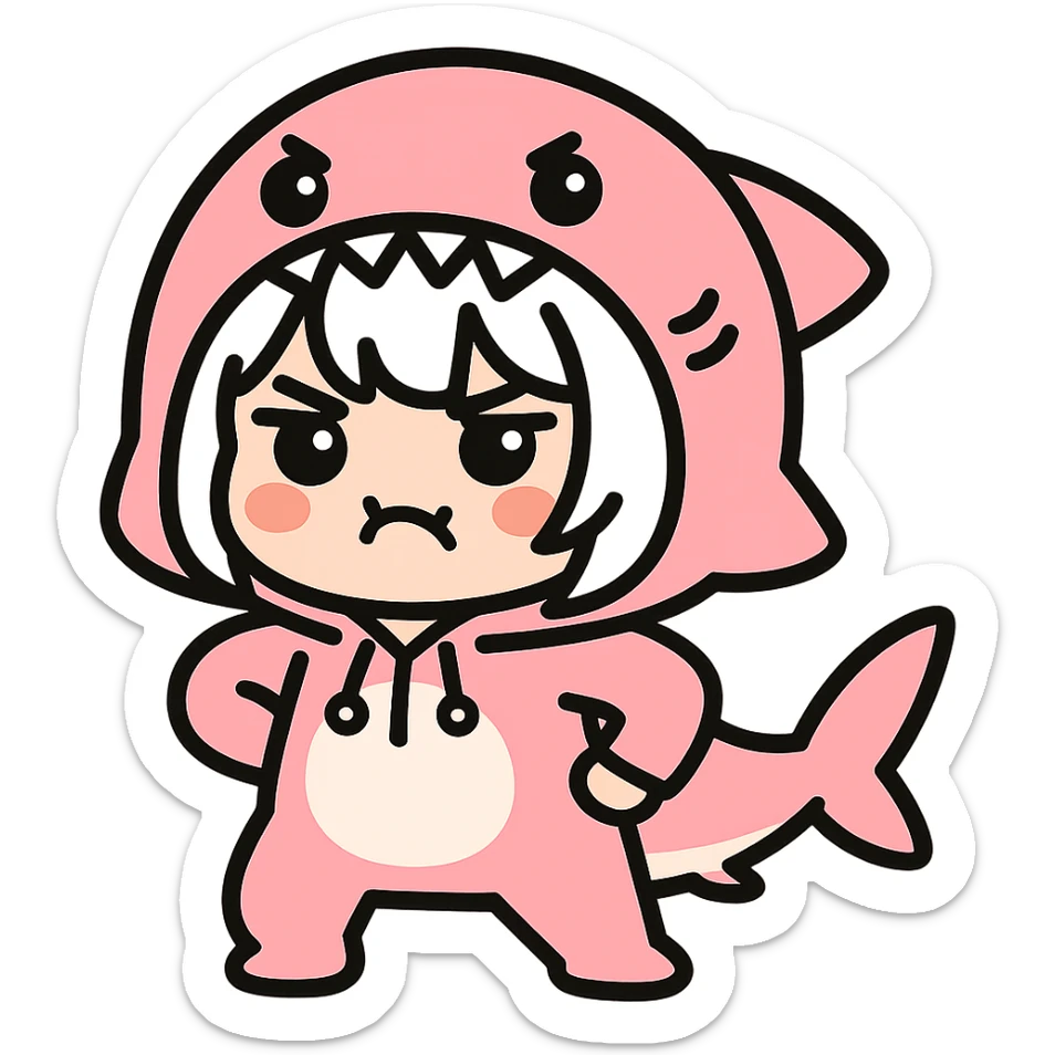 Make the girl in the pink shark onesie strike a playful pose, keep her white hair and cute angry expression, no background. sticker