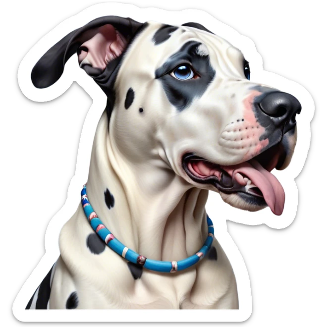 Cinematic Cute Yawning Harlequin Great Dane Portrait Emoji, Head tilted slightly with a dramatic, wide-open yawn, showcasing a smooth coat of predominantly white with bold black patches, floppy ears slightly drooping, round blue eyes barely open in drowsy contentment, Simplified yet irresistibly adorable features, highly detailed, glowing with a soft, cozy glow, high shine, relaxed yet expressive, stylized with a touch of whimsy, bright and endearing, soft glowing outline, capturing the essence of a sleepy yet affectionate guardian, so drowsy it feels like it could stretch out of the screen and curl up for a nap! sticker