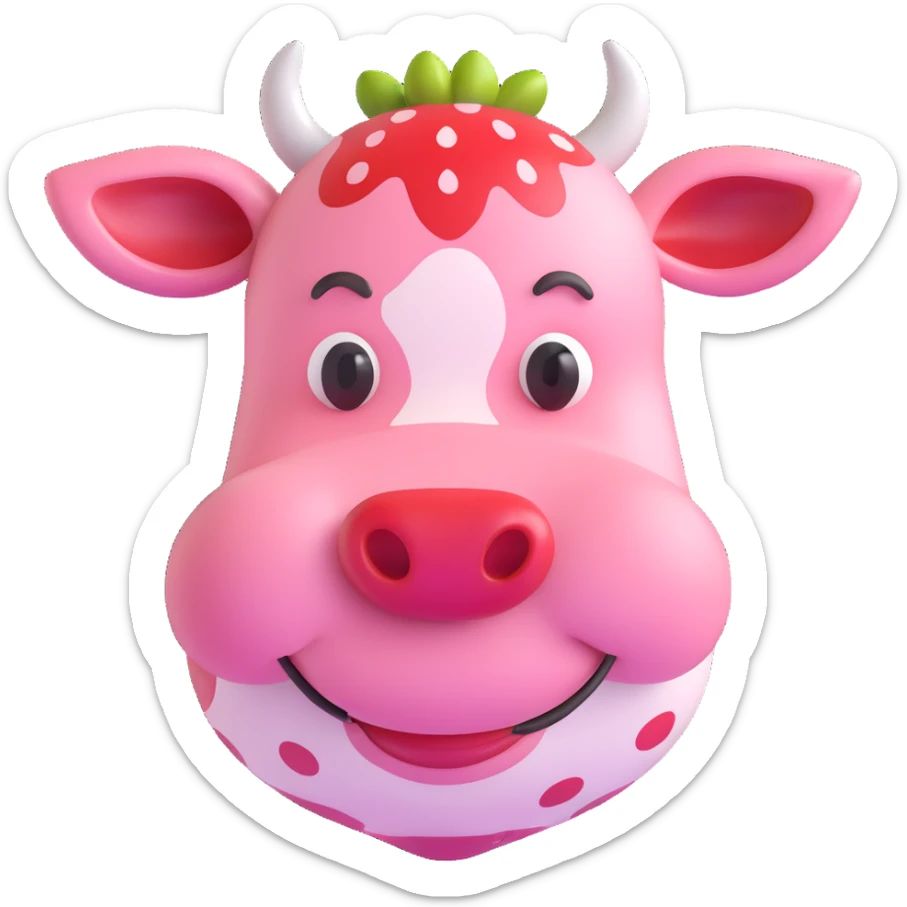3D emoji style strawberry cow, round and glossy, pink with red strawberry spots, smiling sticker