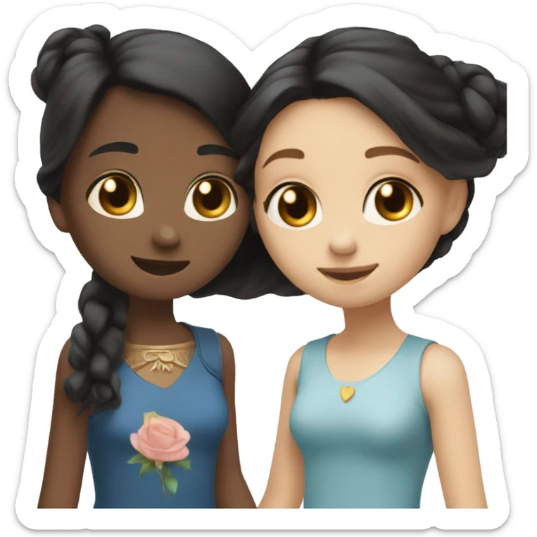 two girls in love holding hands, one has black mid length hair and brown eyes, the other one has long blonde hair blue eyes, they look at each other lovingly sticker