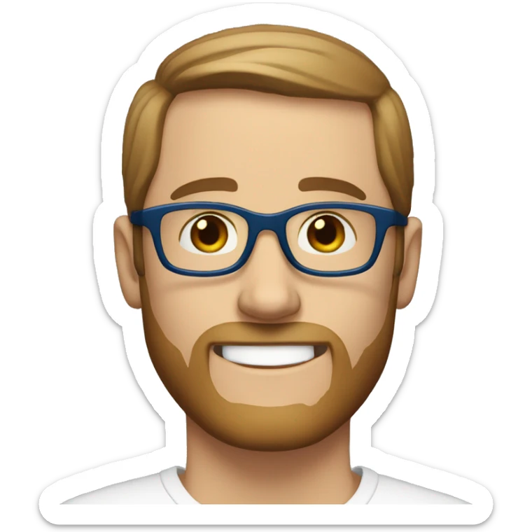 white man, short brown straight hair, roundglasses, day beard, round glasses, blue eyes, no body, smiling sticker