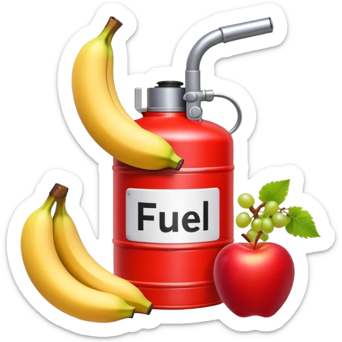 bright red gasoline canister surrounded by a banana, an apple, and grapes, red fuel can with fruits arranged around it sticker