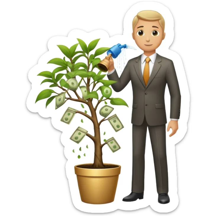Businessman in suit watering a money tree with growing coins and dollar signs sticker
