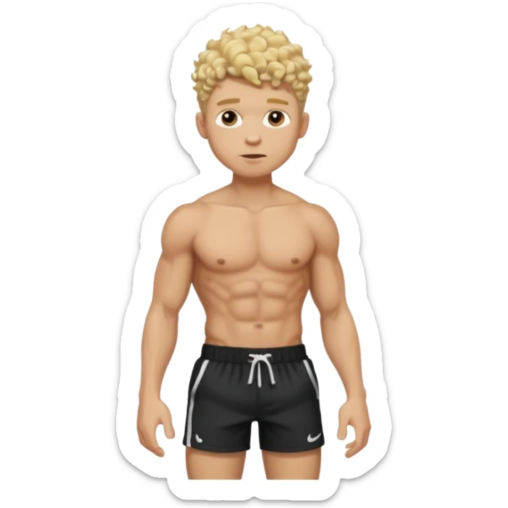 Ripped, athletic man with thick neck, high top fade with no part, curly hair only top only, no shirt and show waistline up, white male, black shorts and more man face, blonde hair sticker