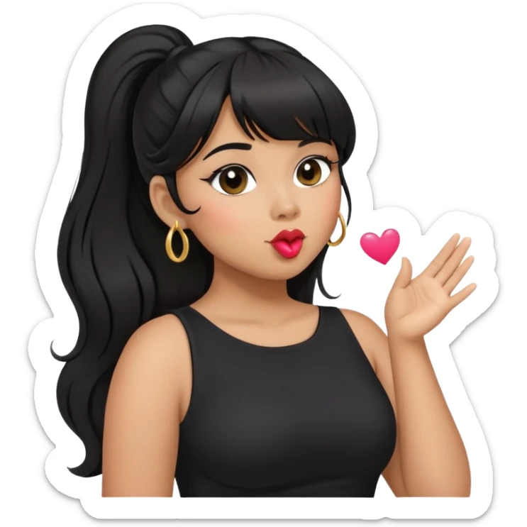 Latina girl with bangs black long hair in pony tail plus size black dress blowing kiss sticker