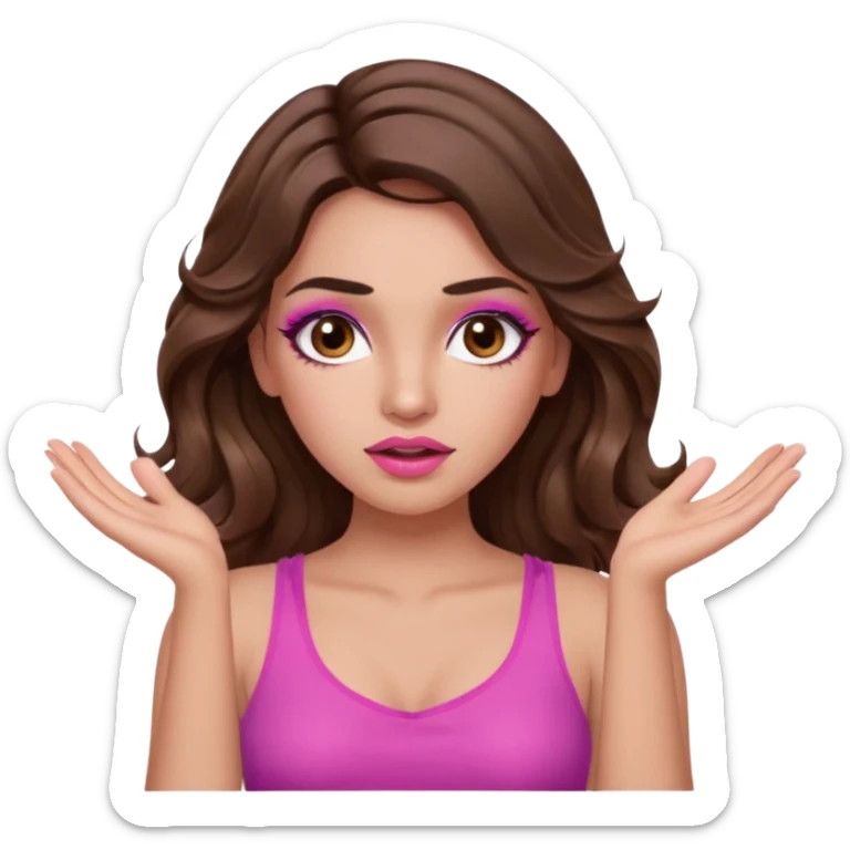 girl with long wavy brown hair, brown eyes, long lashes makeup, sexy pink lips, light to medium complexion, pink sexy top, two hands up, shrugging, confused sticker
