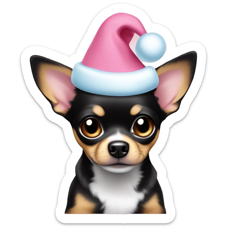 black & tan chihuahua puppy full body light blue eyes pink christmas hat on sticker