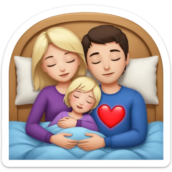 cuddling in bed, asleep. blonde girl. brunette man. eyes closed. heart between them. sticker