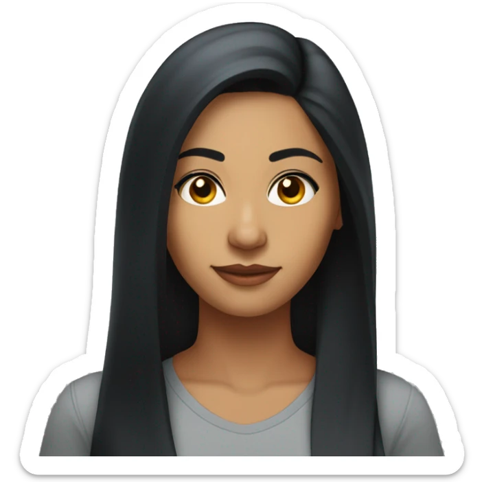 A head and shoulders shot of a 33 year old South Asian woman, with long black hair,   with black eyes wearing a t-shirt. sticker