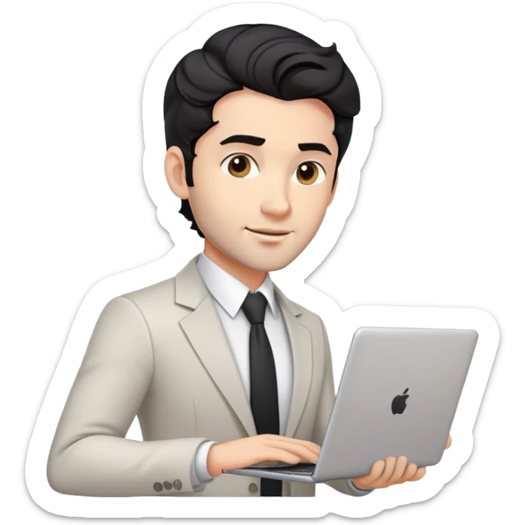 Professional 35-year-old man with black wavy hair, stubble, strong jawline, white skin tone, wearing smart casual business attire, holding a laptop, with a confident approachable expression sticker
