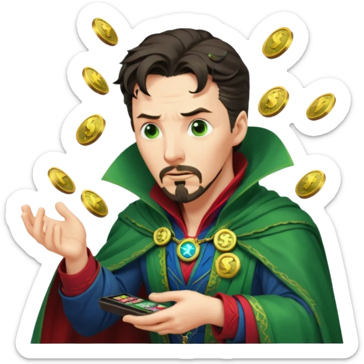 disheveled Doctor Strange losing money at a slot machine, panicked face, coins flying sticker