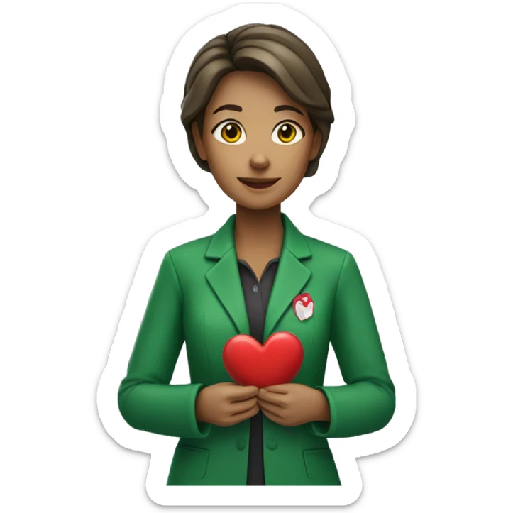 A European female teacher in a green jacket holds a heart in her hands sticker